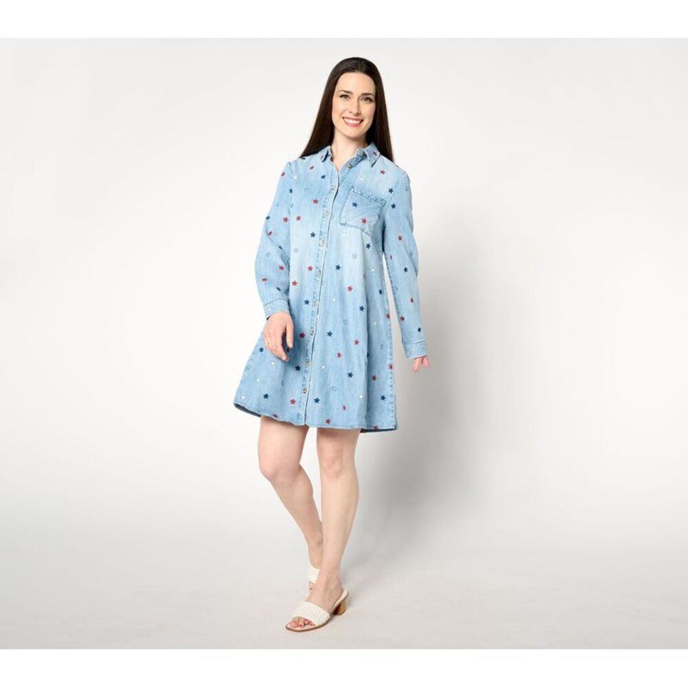 Blue Denim Dress with Red Accents